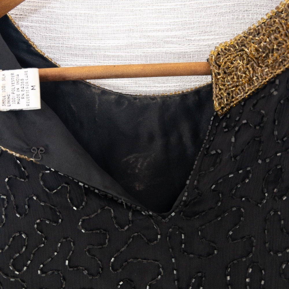 Vintage Laurence Kazar Beaded Top Women's Medium 100% Silk Black Gold Formal 80s - Picture 4 of 16